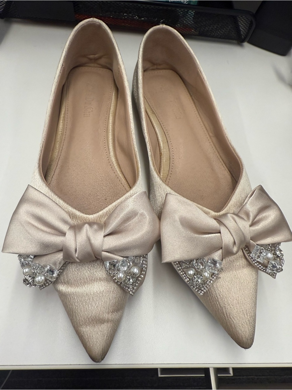 Champagne Satin Pointed Toe Flats with Rhinestone Bow 6.5